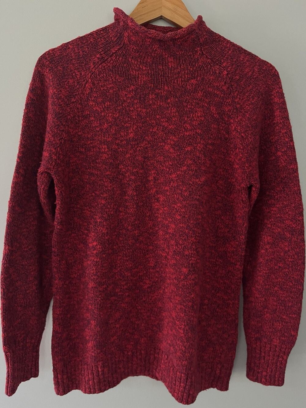 LL Bean Red Cotton Ragg Knit Funnelneck Sweater Medium